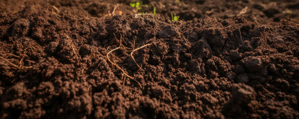 Fototapeta premium Closeup of dark, rich soil with intricate earthworm trails creating a threedimensional texture. The trails are glossy and smooth, contrasting with the rougher texture of the soil.