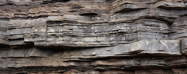 Closeup of a rocky shale formation, with layers of thin, flaky rocks stacked on top of each other. The texture is brittle and crumbly, with a dusty appearance.