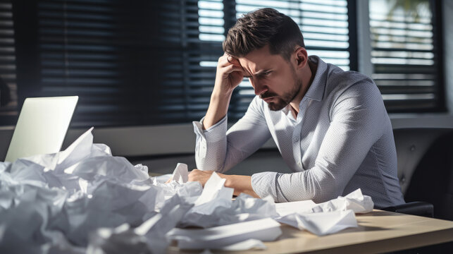 Generative AI, upset sad anxious man sitting at a desk littered with crumpled sheets of paper, deadline, stress, creative pangs, tax reporting, businessman, loan, disappointment, depression, office