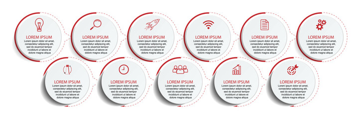 Business Infographic Template Design. Timeline with 11 marketing steps, options and icons. Vector linear infographic with eleven connected elements. Can be used for presentations in your business.