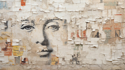 Texture of a wheatpaste street art mural, with torn posters and images overlapping in a collage style. The wrinkled, peeling layers give a distressed and weathered appearance to the mural.