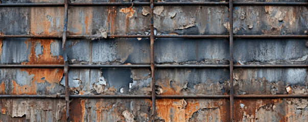 Texture of a weathered and rusted fire escape, with the metal bars twisted and bent in some areas, giving it a jagged and imperfect look.