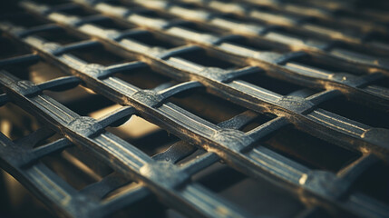 Closeup of a vintage fire escape, the metal bars and grates intricately woven and intertwined to create a sy and complex structure.