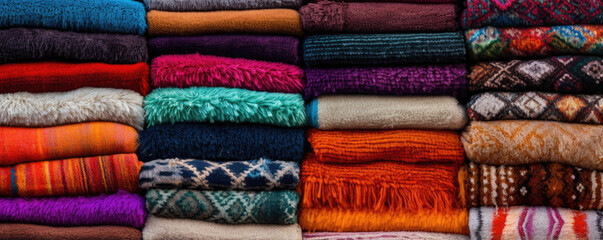 Texture of a market stall adorned with intricately patterned rugs in bright, eyecatching colors. The rugs are made of soft, plush material and have a slightly glossy finish. The texture