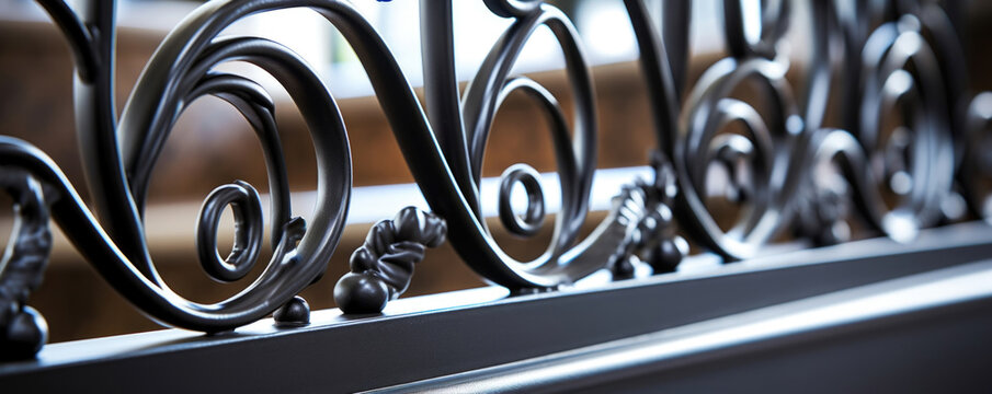 Closeup of Decorative Steel Baers with Scrollwork Design In this closeup, we see the intricate scrollwork design of steel baers in a staircase railing. The steel has a polished finish, making
