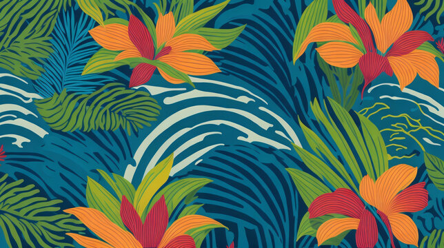 Fototapeta Celebrate the vibrant spirit of the Aloha State with a colorful and whimsical pattern that captures the essence of Hawaii, from the lush green foliage to the bright blue generative AI