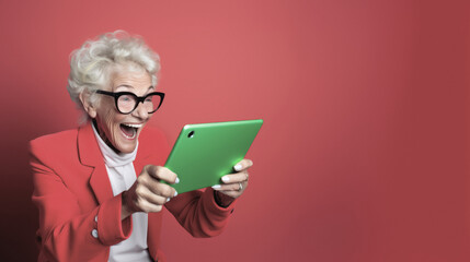 an elderly woman with a pleasantly surprised expression as she sees great discounts and irresistible offers at her favorite stores on her tablet, on a red background.copy space