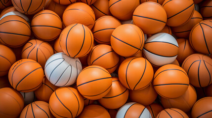 Basketball Bonanza: Many Balls on Indoor or Outdoor Court. An array of basketballs lying on an indoor or outdoor basketball court.
