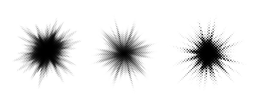Halftone burst element set. Pop art dotted explosion blast collection. Comic light star glow with grunge texture effect. Abstract retro shine star flare for decoration. Vector pixelated splash pack