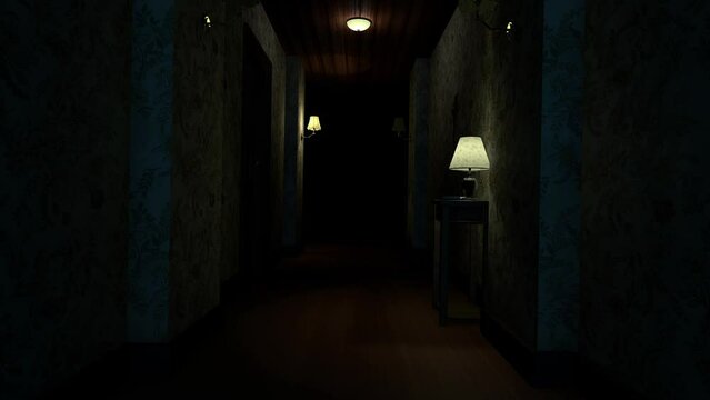 Scary hallway with evil spirit. Haunted house corridor animation.