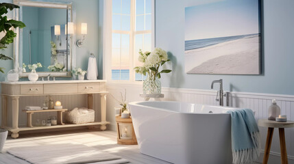 Beachy Spa Bathroom. Highlighting a bathroom design with beachy vibes and views.