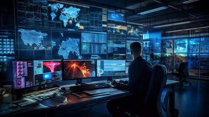 Digital Network Security. Cybersecurity analysts monitoring digital networks for security.