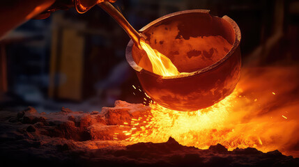 Liquid steel pouring from metallurgical ladle. Metallurgy, industrial plant, metallurgical production plant. 