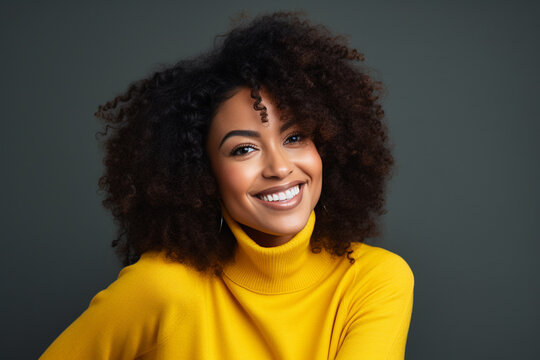 a very detailed dark - skinned 23 year old black woman posing for the cover of a business magazine. yellow concept