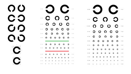 Landolt C Eye Test Chart broken ring medical illustration. Japanese vision test line vector sketch style outline isolated on white. Vision test board optometrist ophthalmic test for visual examination