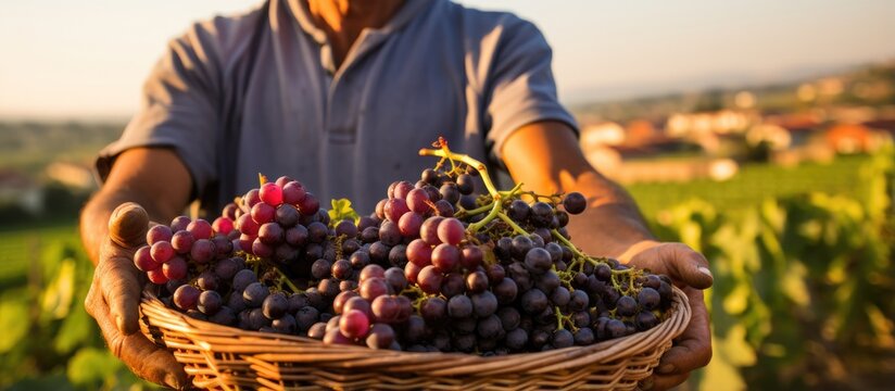 Farmer carrying basket of red grapes from harvest in Requena Utiel Spain With copyspace for text