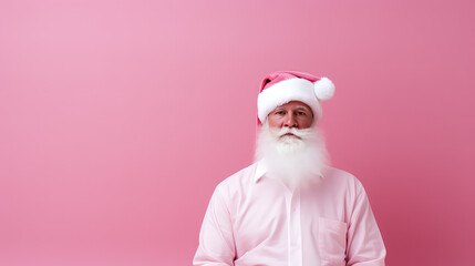 Fototapeta na wymiar Trendy hipster Santa in pink color on flat background with copy space. New year, gifts, modern grandfather frost man with beard.