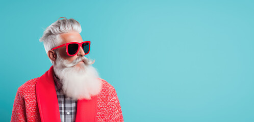 Trendy hipster Santa on flat background with copy space. New year, gifts, modern grandfather frost man with beard.