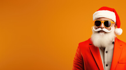 Trendy hipster Santa on flat background with copy space. New year, gifts, modern grandfather frost man with beard.