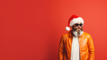 Fototapeta na wymiar Trendy hipster Santa on flat red background with copy space. New year, gifts, modern grandfather frost man with beard.