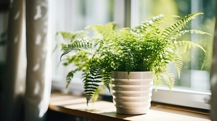 Generative AI, green fern stands on the window, sunlight, forest plants in the interior, Scandinavian design, floral decor, natural colors, space for text, windowsill, leaves, branches, stems, home - obrazy, fototapety, plakaty
