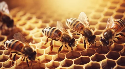 Fotobehang hexagonal beehive with bees at work, set against a textured background. Allow space for text, background image, AI generated © Hifzhan Graphics