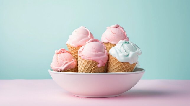 scoops of creamy pastel-colored ice cream arranged beautifully in a bowl or cone, set against a soft pastel background, background image, AI generated