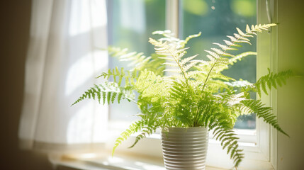 Generative AI, green fern stands on the window, sunlight, forest plants in the interior, Scandinavian design, floral decor, natural colors, space for text, windowsill, leaves, branches, stems, home - obrazy, fototapety, plakaty