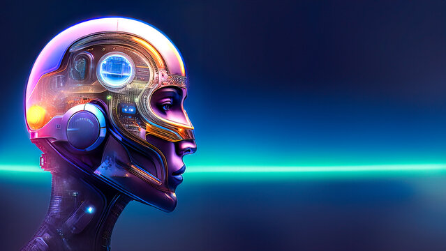 Artificial Intelligence in the form of a person before a infinite horizon.. Fantasy concept illustration.