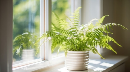 Generative AI, green fern stands on the window, sunlight, forest plants in the interior, Scandinavian design, floral decor, natural colors, space for text, windowsill, leaves, branches, stems, home
