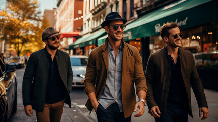 Stylish men with urban attitude and glamour stroll down the street