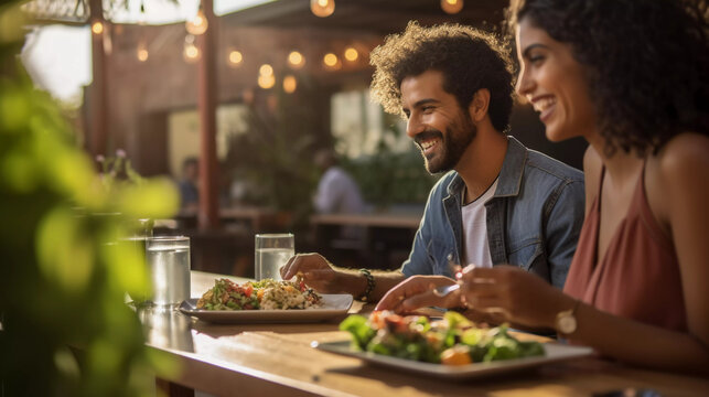 Outdoor Farm-to-Table Dining. A couple enjoying a farm-to-table dining experience in an outdoor setting.