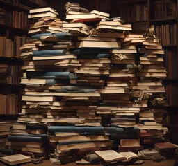 Pile of books on table in library education