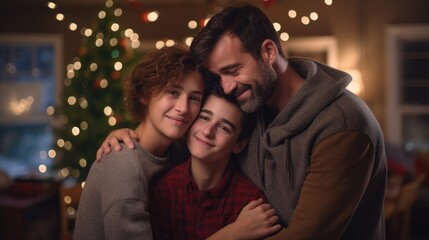 Fototapeta premium Father and their teenage son hugging against blurred Christmas tree background.
