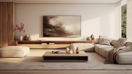 Minimalist Design Elegance. Highlight the elegance of minimalist design in a living room.