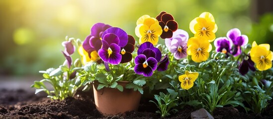 Viola flowers in vintage watering can garden With copyspace for text