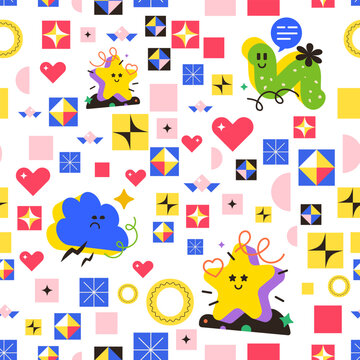 Colorful kids funny elements seamless pattern. Childish trendy fun figures backgrounds. Vector illustrations