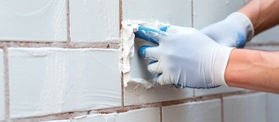 Attaching ceramic tiles to the wall using adhesive With copyspace for text