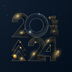 New Year 2024 gold numbers typography greeting card. Christmas invitation poster with golden glitter numeral.