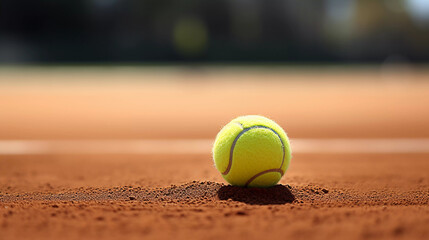 Clay Court Challenge. A tennis ball awaits action on clay - obrazy, fototapety, plakaty