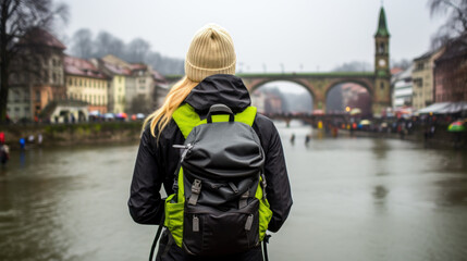 Backpacker overlooking a historic European city.