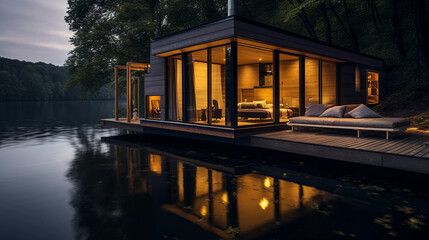 Fototapeta premium Tranquil Waters: Stylish Floating Cabin Oasis. Find tranquility in the waters in this floating cabin