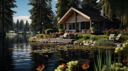 Fototapeta na wymiar Serenity by the Water: Stylish Lakeside Haven. Find serenity by the lake in this cottage