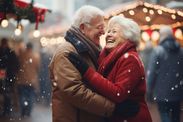 Beautiful senior couple dancing together on traditional Christmas market on winter evening. Elderly woman and man enjoying themselves in Christmas town decorated with lights. - Powered by Adobe