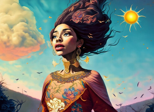 personnage fantasy  femelle dans un fond ciel avec un gros nuage, lucioles et soleil en arri&egrave;re plan