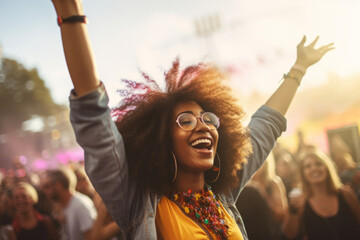 Beautiful young woman having fun at colourful music festival. Happy girl enjoying herself and dancing. Summer holiday, vacation concept. - obrazy, fototapety, plakaty