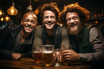 Cheerful friends with glasses of fresh beer by a wooden table in traditional Dublin pub. Drinking alcoholic beverage. Saint Patrick's Day celebration. - obrazy, fototapety, plakaty
