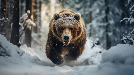 a brown bear walking in heavy snow - Generative AI