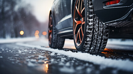 Car tires on winter road - Generative AI - obrazy, fototapety, plakaty