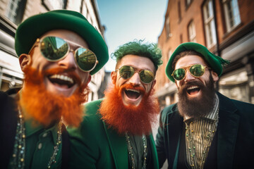 Naklejka premium Beautiful young cheerful friends wearing green clothes and accessories participating in traditional Saint Patrick's Day parade in Irish town.